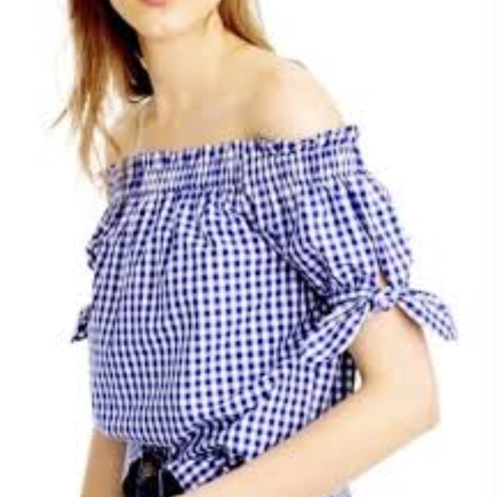 J. Crew Off the Shoulder Blue Gingham Plaid Top 4